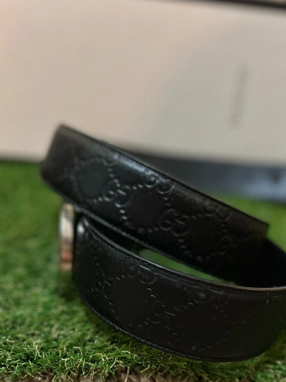 Gucci Guccissima Interlocking G Black Leather Belt size 105(36-38) Silver Buckle